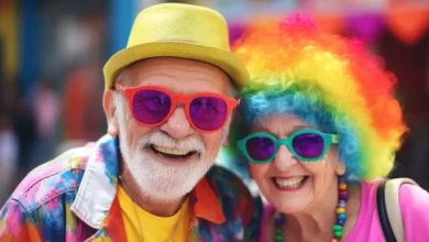 Casal animado com fantasias coloridas e perucas vibrantes curtindo o Carnaval.