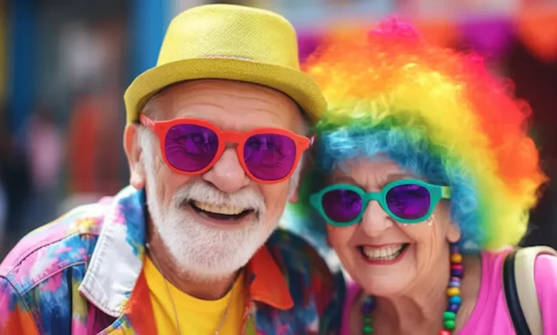 Casal animado com fantasias coloridas e perucas vibrantes curtindo o Carnaval.