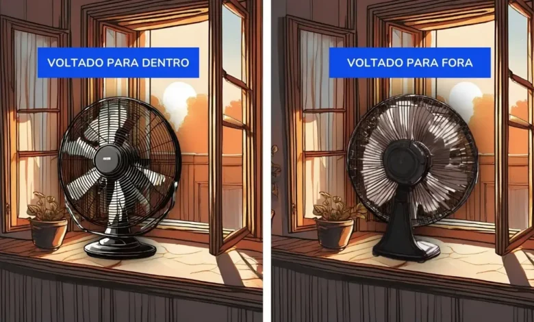 Comparação entre ventilador voltado para dentro e para fora da janela para otimizar a circulação do ar.