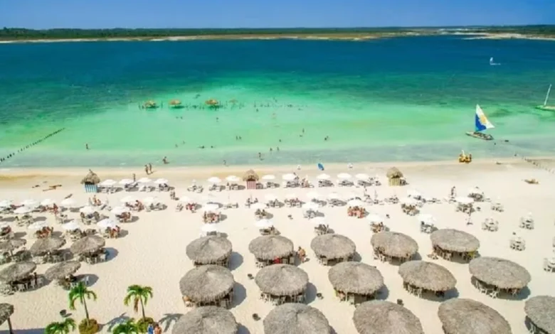 Vista aérea de uma praia paradisíaca no Brasil, com mar azul-turquesa, areia branca e cabanas de palha