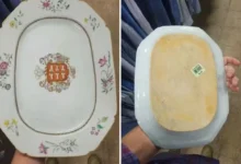 Prato de porcelana raro comprado em brechó, com detalhes florais e brasão central.