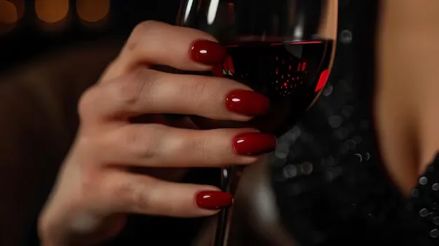 Mão segurando uma taça de vinho com unhas esmaltadas de vermelho vibrante, destacando o esmalte e a elegância.