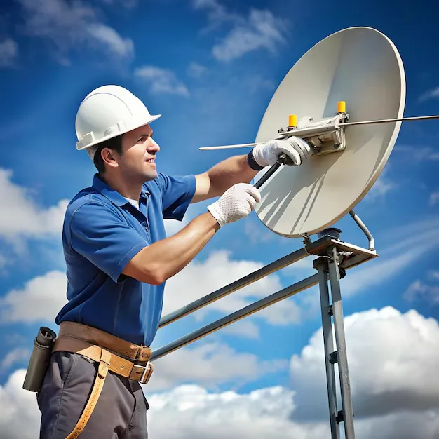 Técnico instalando antena parabólica em ambiente externo sob céu azul.