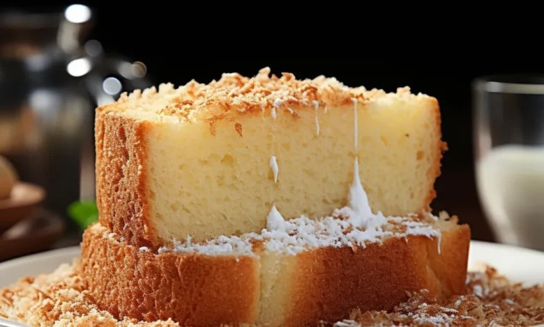 Imagem de um bolo de coco fofinho, ideal para um lanche da tarde delicioso e simples de fazer.