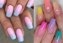 Unhas degradê em diferentes cores, criando um efeito suave e colorido