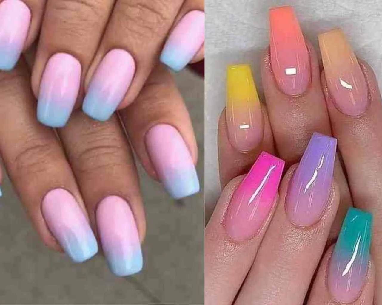 Unhas degradê em diferentes cores, criando um efeito suave e colorido