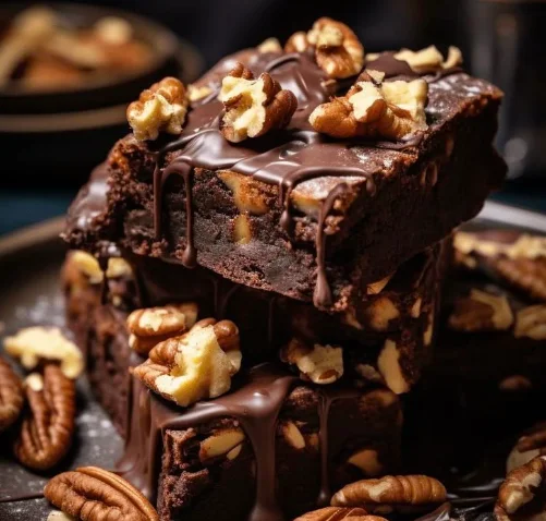 Bolo de chocolate com pedaços de nozes e cobertura de ganache, uma deliciosa variação de bolo de chocolate.