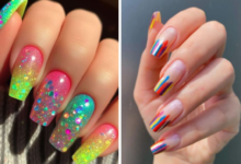 Unhas decoradas com esmaltes coloridos para o Carnaval, uma opção brilhante e outra discreta.