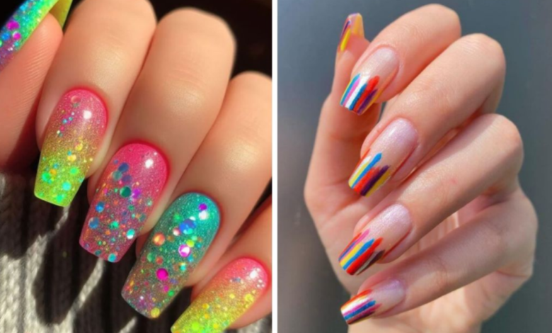 Unhas decoradas com esmaltes coloridos para o Carnaval, uma opção brilhante e outra discreta.