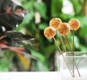 Pão de queijo no palito servido em um copo com sal grosso, com fundo desfocado de plantas verdes.