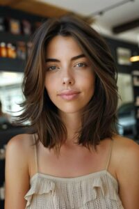 : Mulher com cabelo estiloso no corte clavicut, que está em alta em 2025