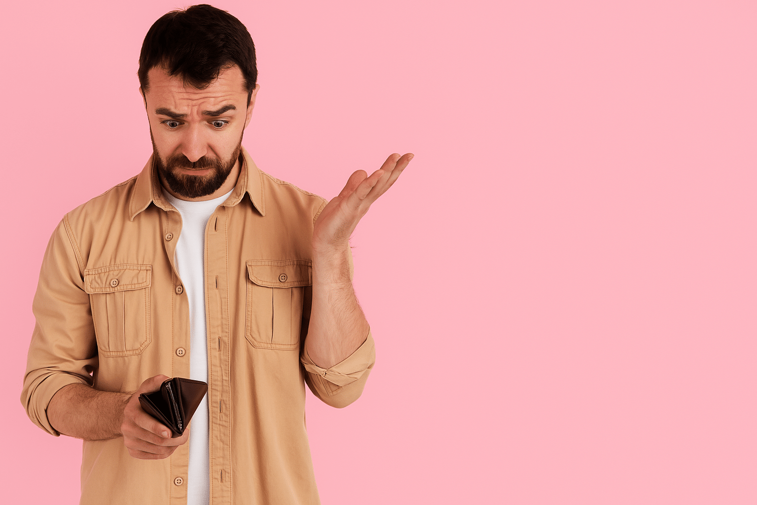 Homem com expressão de surpresa olhando para a carteira vazia.