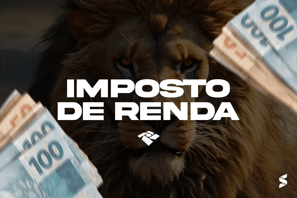 Imagem ilustrativa sobre o Imposto de Renda 2025, com cédulas de dinheiro e o leão símbolo da Receita Federal.