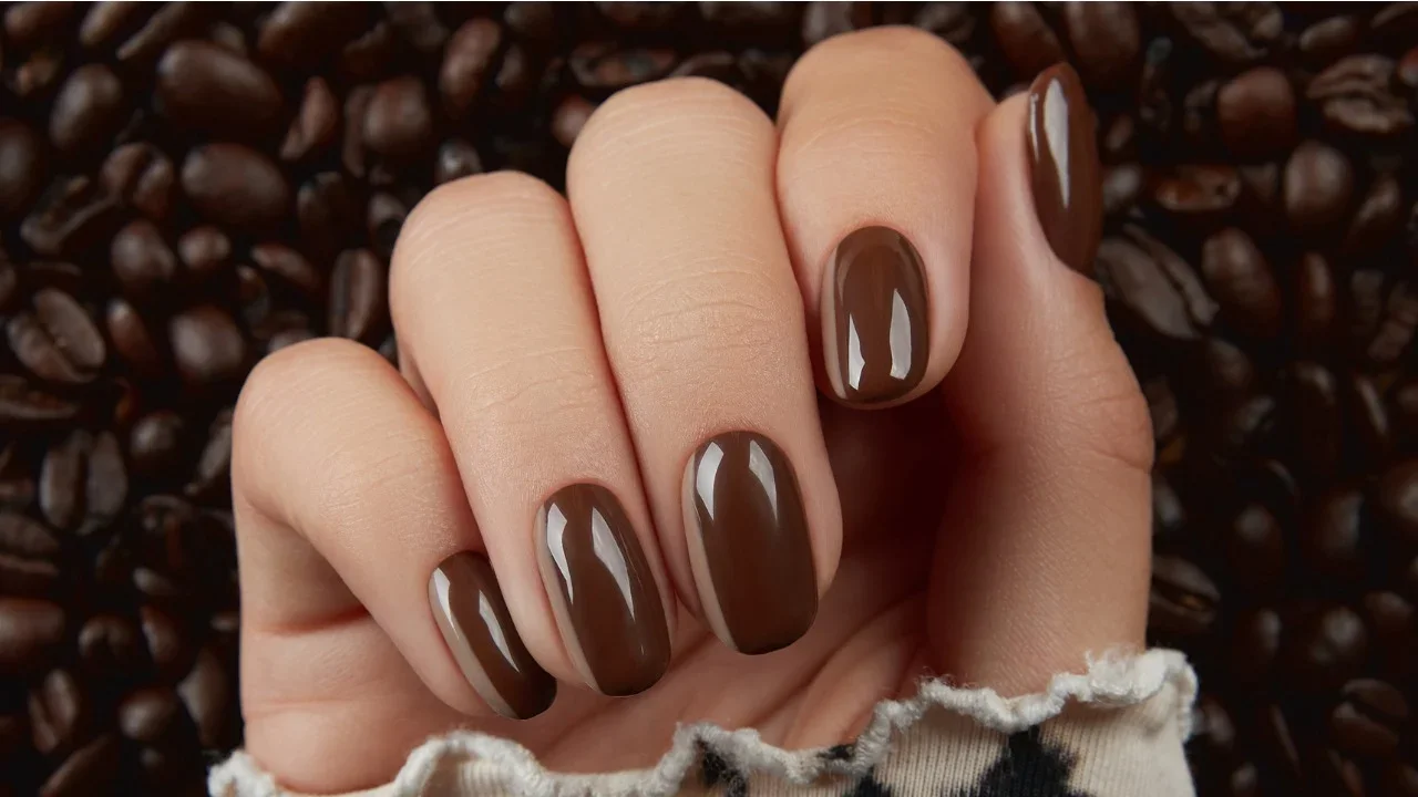 Unhas com esmalte marrom elegante sobre fundo de grãos de café