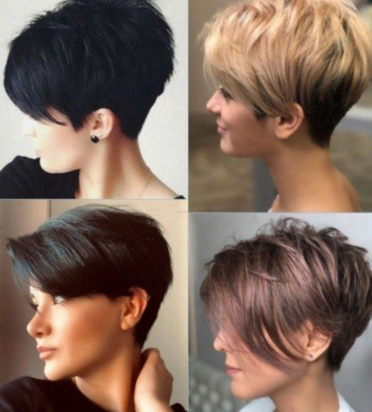 Vários estilos de corte de cabelo pixie feminino, com diferentes cores e texturas.