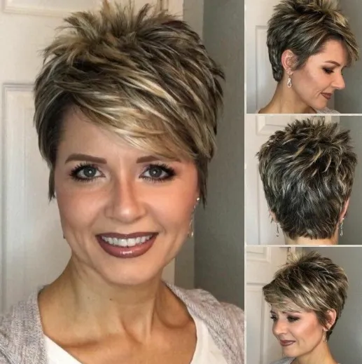 Mulher com corte de cabelo pixie, visto de diferentes ângulos