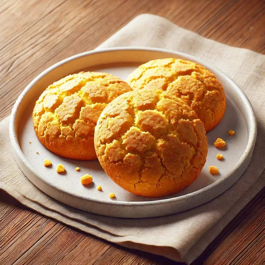 Broa de milho de fubá recém-assada, com crosta dourada e textura levemente rachada, servida em um prato branco.