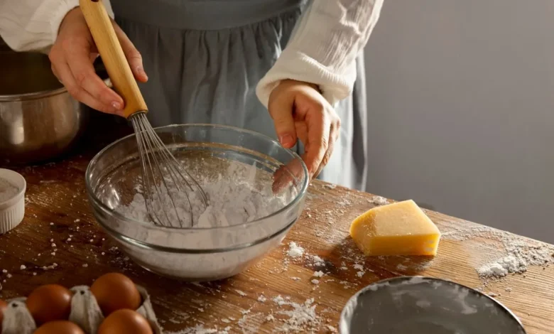 Imagem de uma pessoa mexendo ingredientes secos em uma tigela, ilustrando a preparação de receitas com bicarbonato de sódio e fermento em pó.