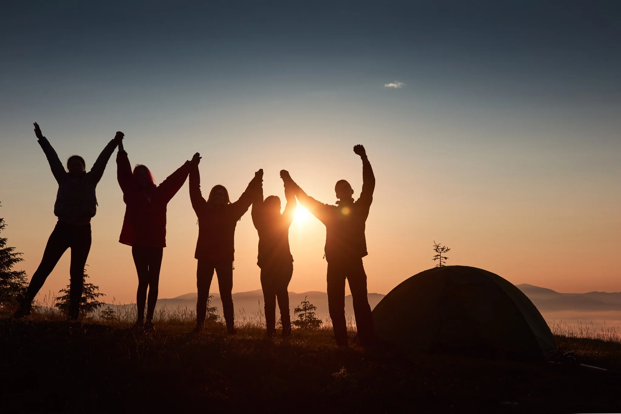 Grupo de amigos se divertindo ao pôr do sol, levantando os braços juntos.