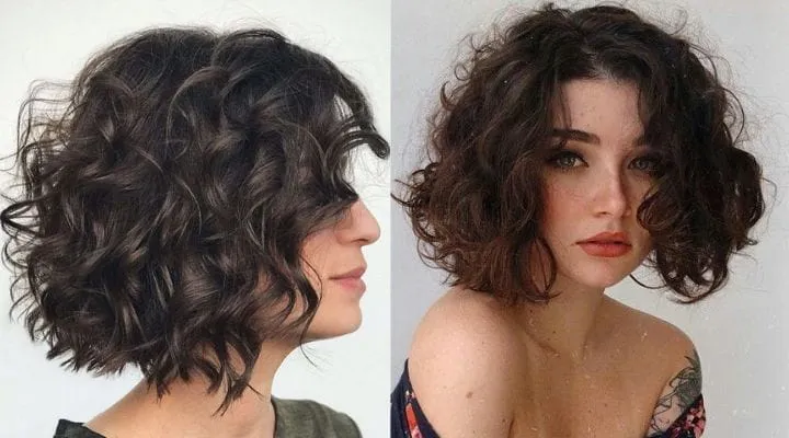 Corte bob desfiado com ondas, estiloso e moderno para cabelos cacheados