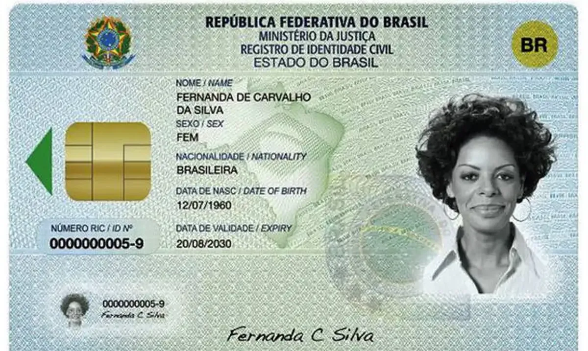 Modelo da Nova Carteira de Identidade Nacional (CIN) com informações detalhadas.