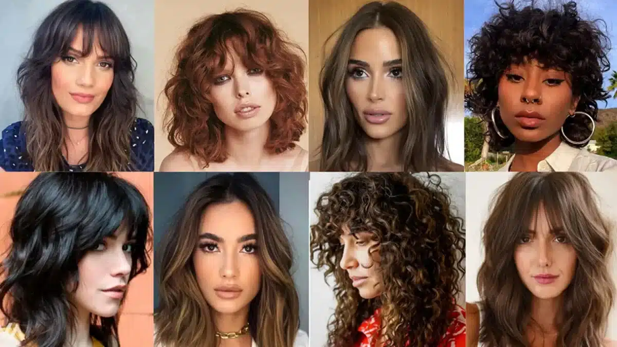 Cabelos curtos e modernos para o Outono/Inverno 2025, mostrando diversas tendências de cortes de cabelo femininos, como o bob, pixie e cachos soltos