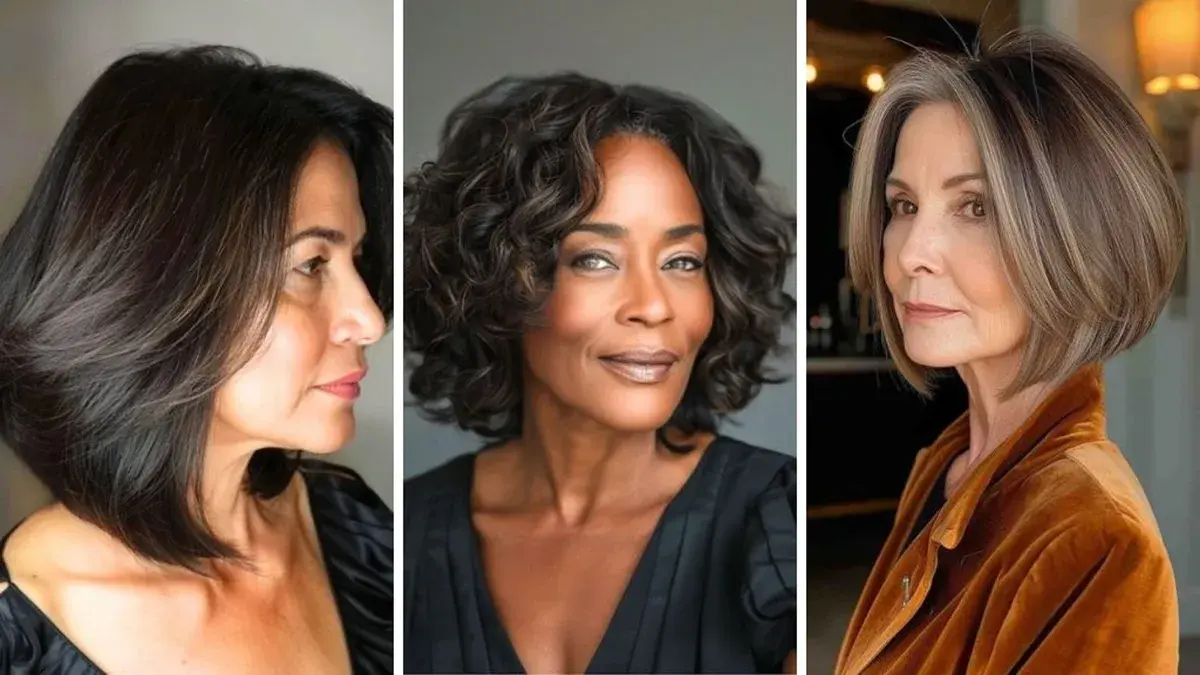 Imagem mostrando três estilos modernos de corte bob, com diferentes texturas e acabamentos