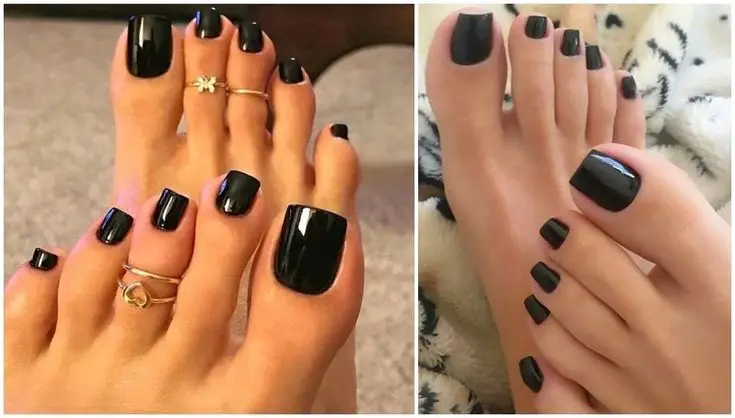 Unhas dos pés pintadas com esmalte preto clássico, destacando elegância e sofisticação atemporal