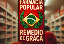 Placa da Farmácia Popular destacando oferta de remédios gratuitos.