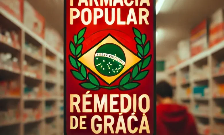 Placa da Farmácia Popular destacando oferta de remédios gratuitos.