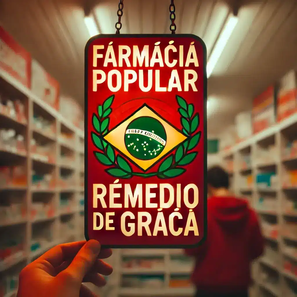 Placa da Farmácia Popular destacando oferta de remédios gratuitos.