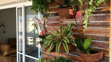 Jardim vertical com diversas plantas ornamentais em uma varanda aconchegante.