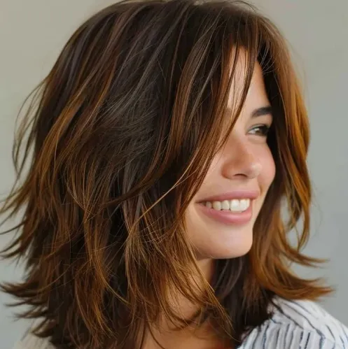 Mulher com corte de cabelo long bob em camadas, moderno e volumoso.