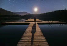 Reflexão noturna à beira do lago sob a luz da lua