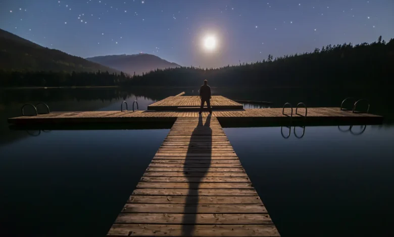 Reflexão noturna à beira do lago sob a luz da lua