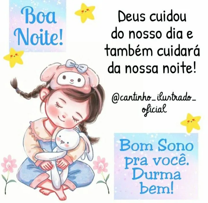 Ilustração de menina abraçando um coelhinho de pelúcia com mensagem de boa noite.