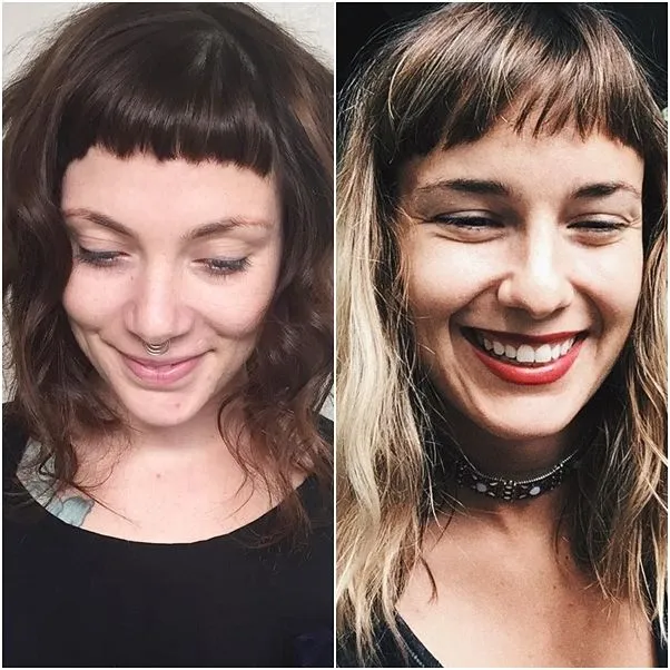 Imagem mostrando o efeito de uma micro franja em uma pessoa com cabelo ondulado e leve maquiagem