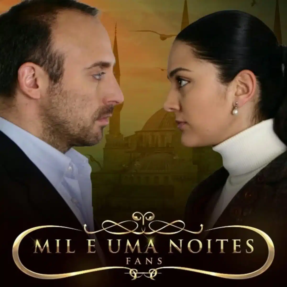 Imagem de protagonistas da novela turca 'Mil e Uma Noites', com uma cena icônica entre os personagens principais.