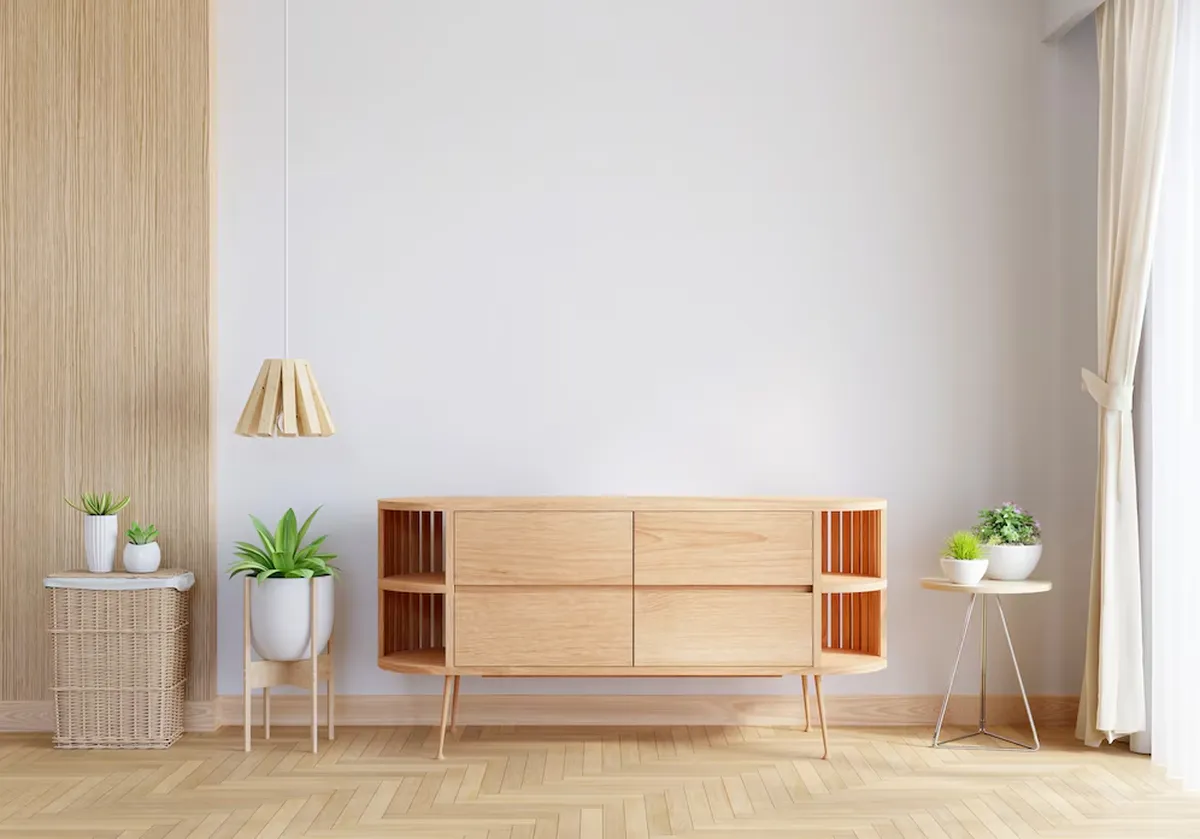  Sala minimalista com móveis de madeira e plantas decorativas.