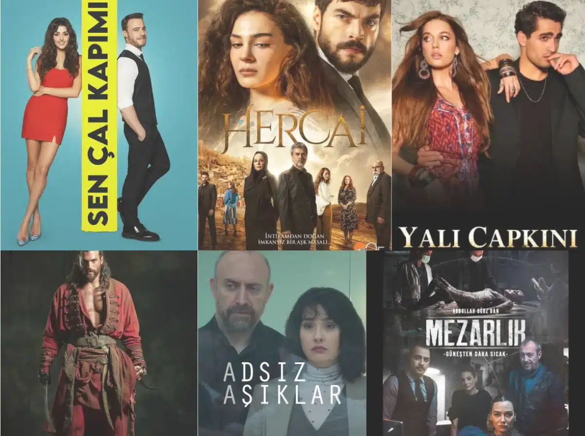 Pôster das novelas turcas imperdíveis para maratonar em 2025, incluindo Sen Çal Kapımı, Hercai, Yalı Çapkını, entre outras.