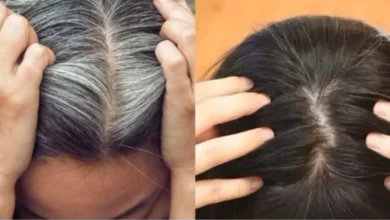 Comparação antes e depois do uso de um tonalizante natural para cobrir cabelos brancos
