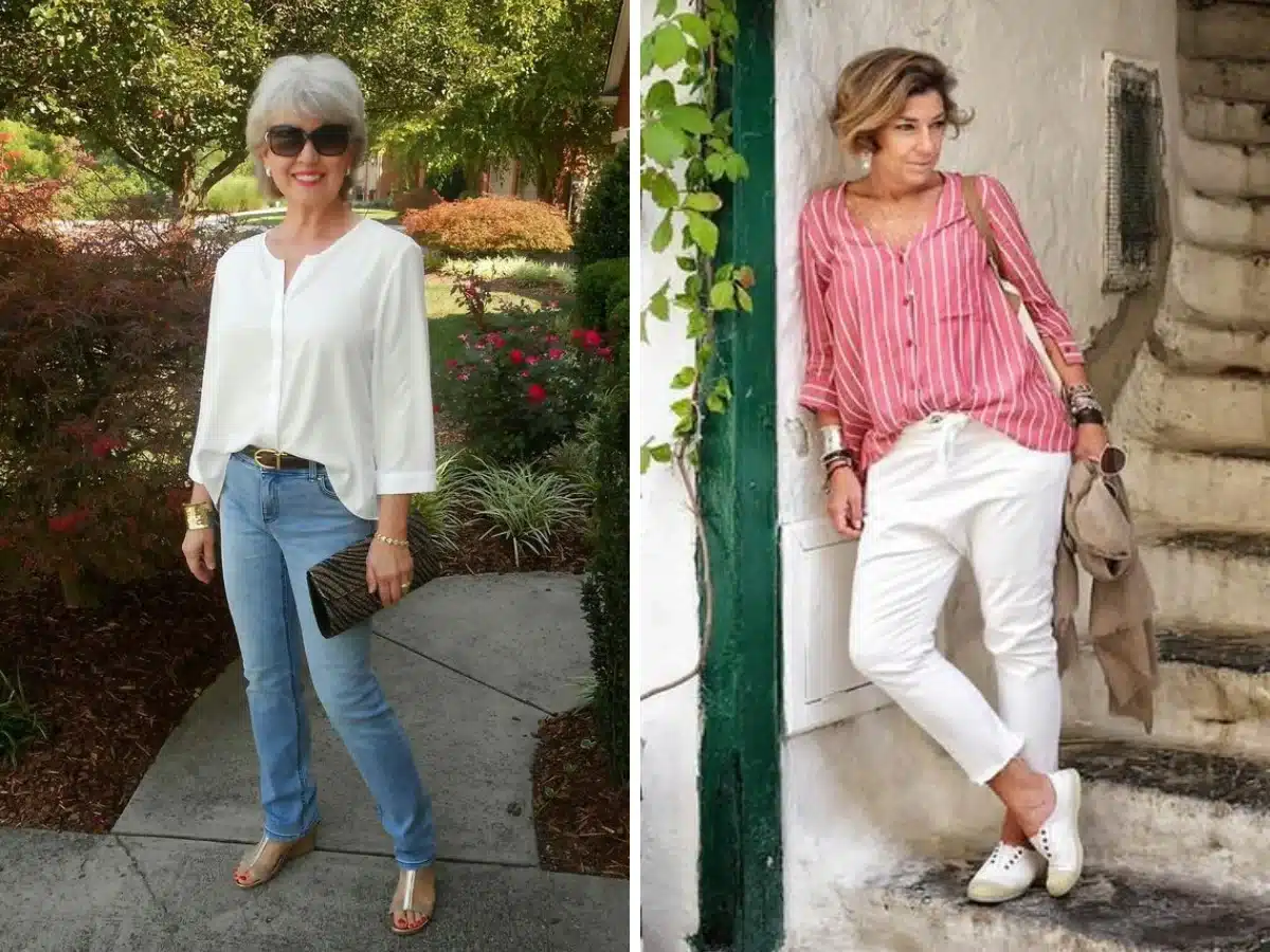 Mulheres acima de 50 anos vestindo roupas casuais e estilosas.