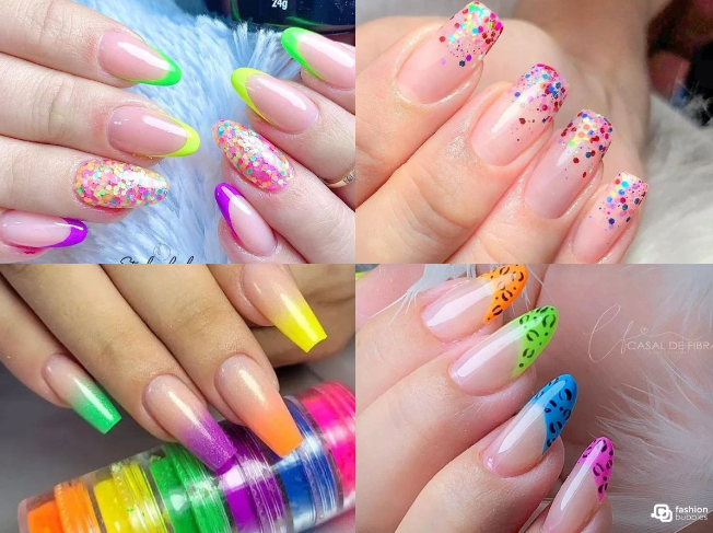 Unhas decoradas com esmaltes coloridos em diferentes estilos para o Carnaval, incluindo francesinha neon, degradê e detalhes artísticos.