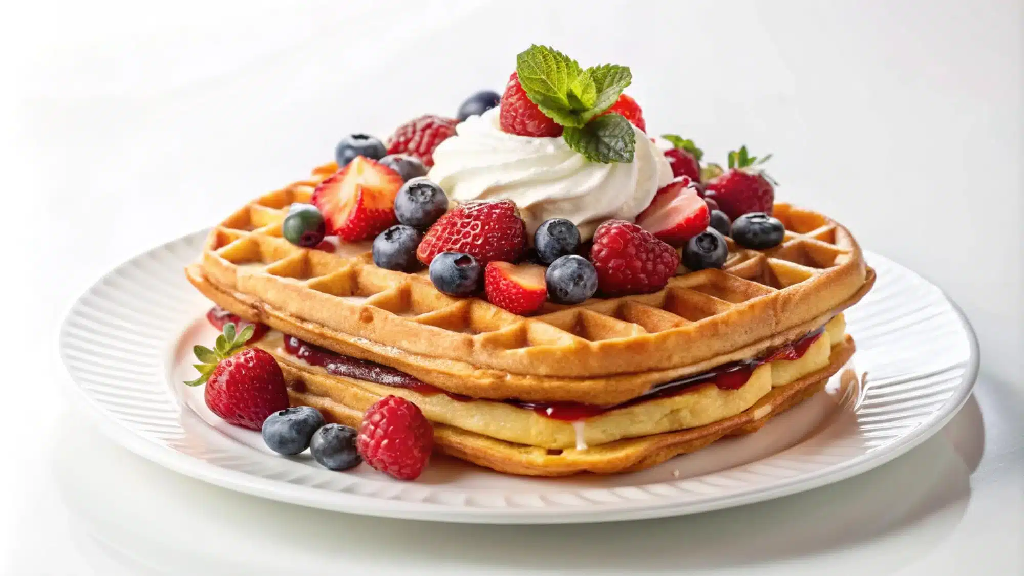 Waffles deliciosos com frutas vermelhas, creme chantilly e geleia, servidos em prato branco.