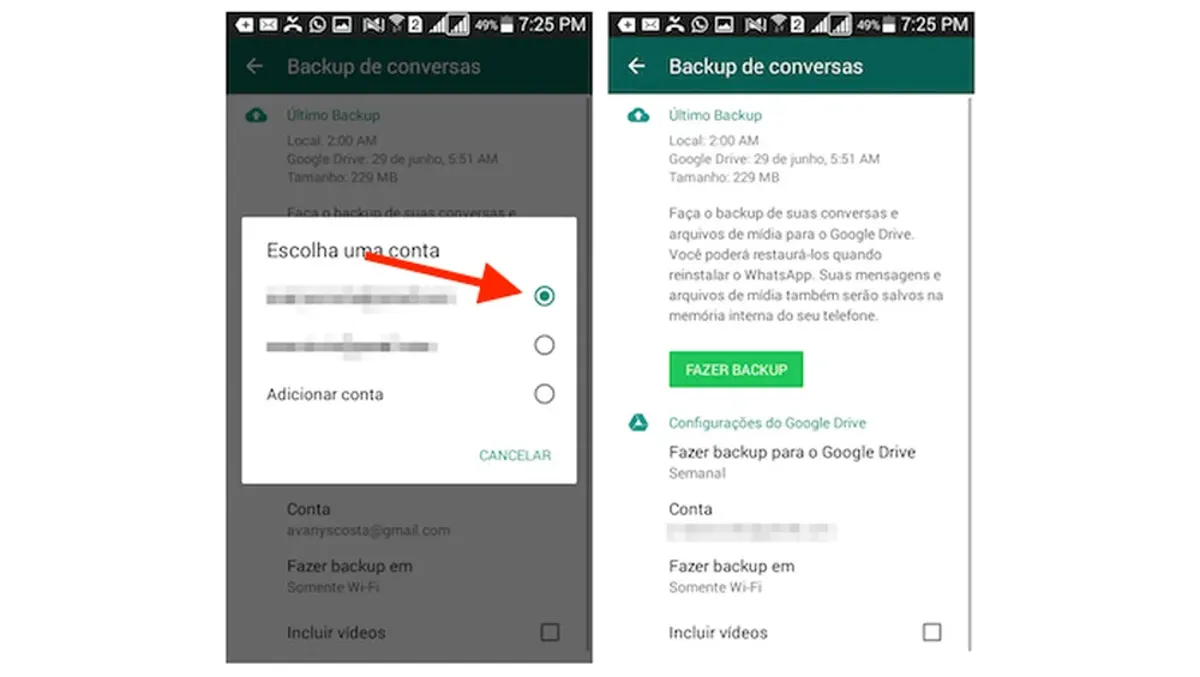 Tela de configuração do backup automático no WhatsApp, selecionando a conta do Google Drive.