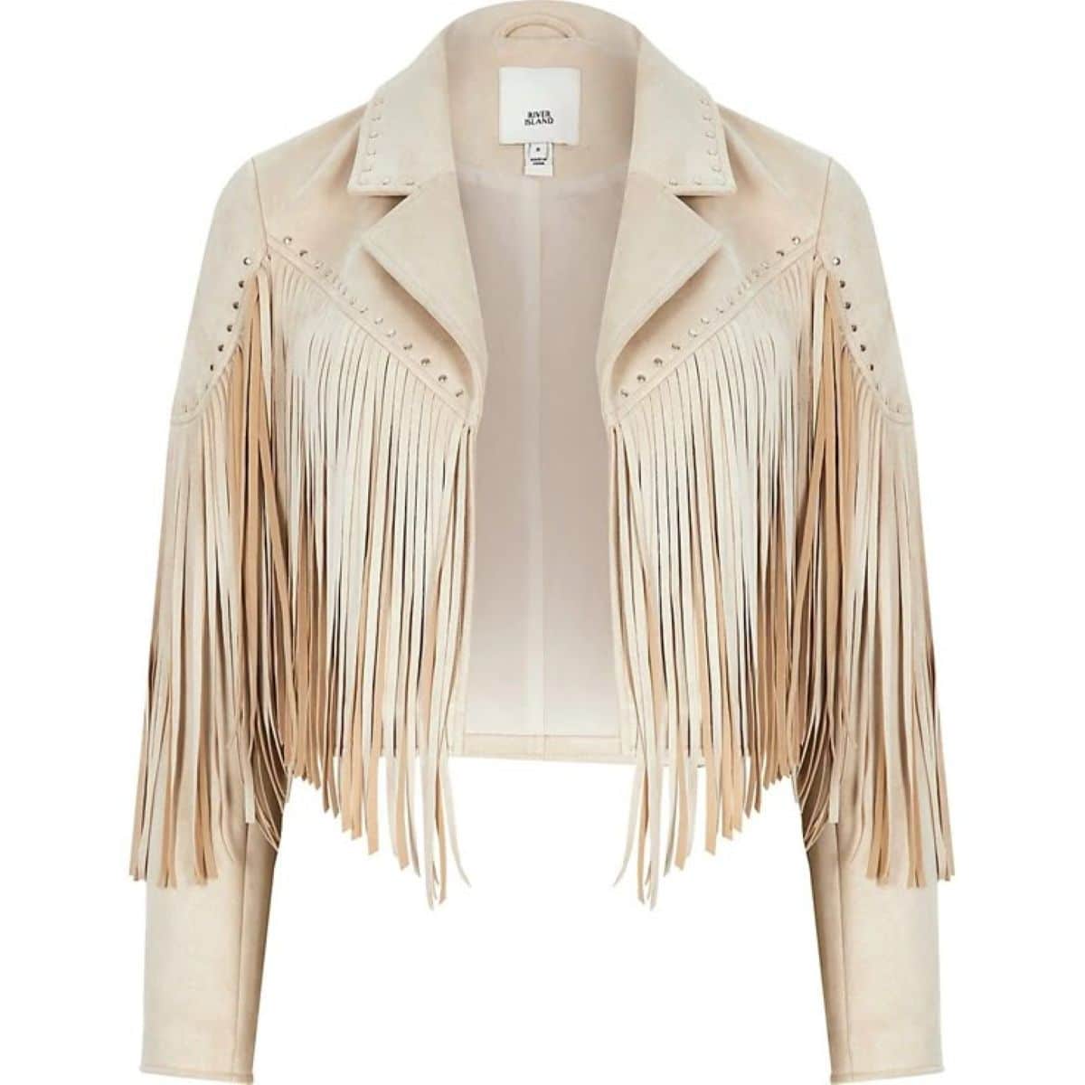 Jaqueta de camurça com franjas, estilo boho, com detalhes em pedras.