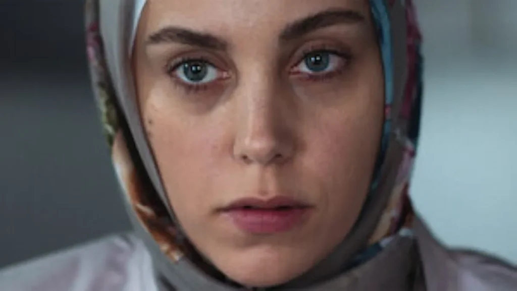 Imagem da personagem principal de "8 em Istambul", com um olhar intenso, usando um lenço.