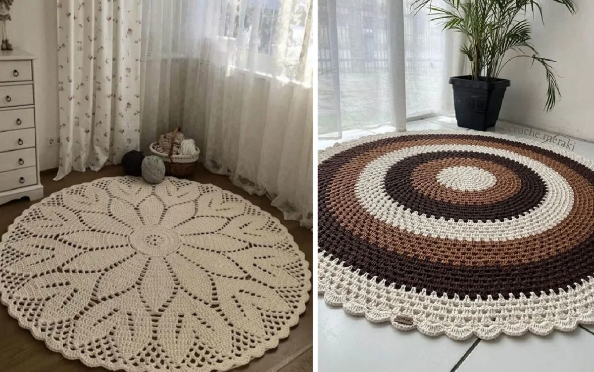 Dois modelos de tapetes de crochê redondos, um com design floral e outro com círculos em tons de marrom e branco
