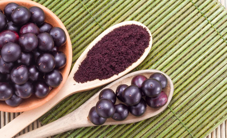 Frutas de açaí frescas e pó de açaí, evidenciando suas propriedades nutricionais.