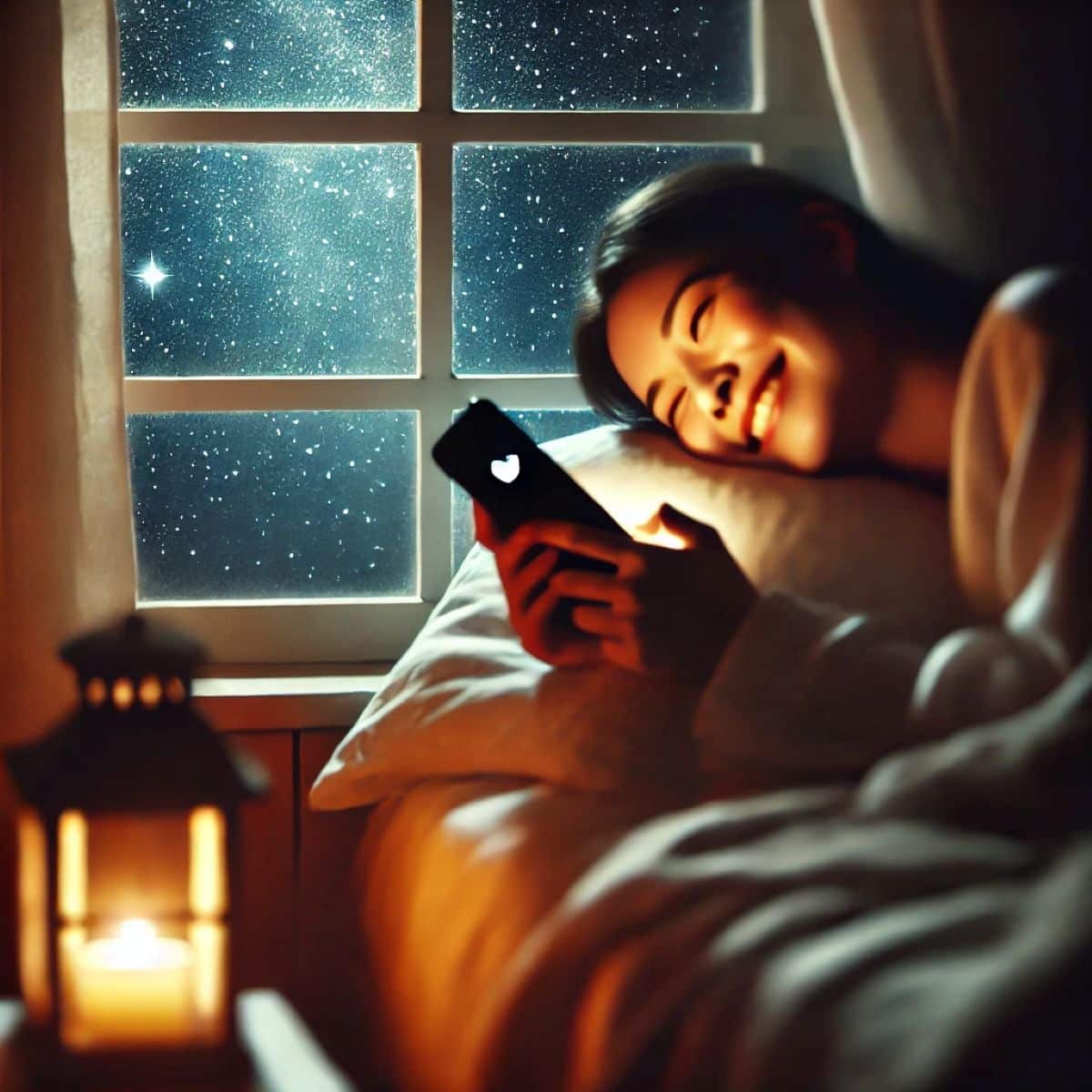 Pessoa recebendo uma mensagem de boa noite, sorrindo enquanto segura o celular, com uma janela mostrando estrelas ao fundo e um ambiente aconchegante.